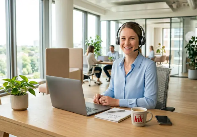 Freundliche Mitarbeiterin mit Headset arbeitet am Laptop im modernen Büro – kompetenter Kundenservice für schnelle und persönliche Unterstützung
