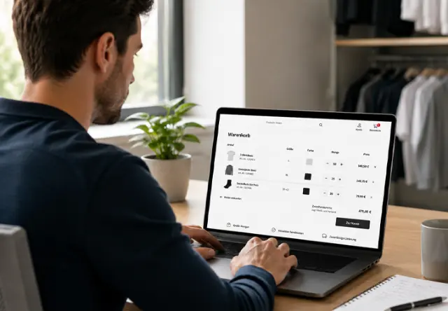 Ein Mann sitzt an einem Schreibtisch und bestellt über einen Laptop verschiedene Kleidungsartikel in größeren Stückzahlen. Im Hintergrund hängen weitere Kleidungsstücke.